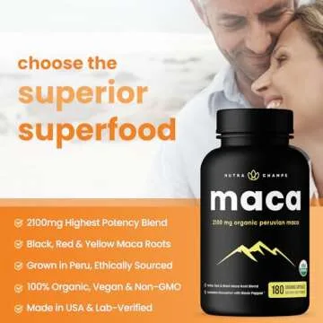 NutraChamps USDA Organic Maca Root Capsules for Women & Men, 2100mg, 180 Capsules, Black, Red & Yellow Peruvian Gelatinized, Highest Potency Maca Root Powder Supplement