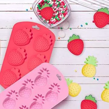 Whaline 4 Pack Fruit Shaped Silicone Mold Pineapple Lemon Watermelon Strawberry Chocolate Candy Baking Mould 3D Summer Fruit Ice Mold for DIY Jelly Fondant Soap Gummy Cake Cupcake Topper Decoration