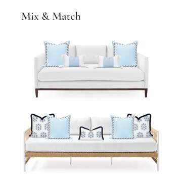 Hofdeco Premium Coastal Patio Indoor Outdoor Throw Pillow Cover Only, 20"x20" Water Repellent for Backyard, Couch, Baby Blue Embroidered Frame Leafs with Piping