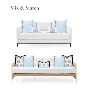 Hofdeco Premium Coastal Patio Indoor Outdoor Throw Pillow Cover Only, 20"x20" Water Repellent for Backyard, Couch, Baby Blue Embroidered Frame Leafs with Piping