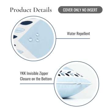 Hofdeco Premium Coastal Patio Indoor Outdoor Throw Pillow Cover Only, 20"x20" Water Repellent for Backyard, Couch, Baby Blue Embroidered Frame Leafs with Piping