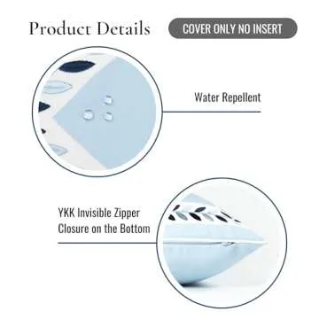 Hofdeco Premium Coastal Patio Indoor Outdoor Throw Pillow Cover Only, 20"x20" Water Repellent for Backyard, Couch, Baby Blue Embroidered Frame Leafs with Piping