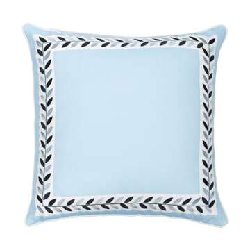 Hofdeco Premium Coastal Patio Indoor Outdoor Throw Pillow Cover Only, 20"x20" Water Repellent for Backyard, Couch, Baby Blue Embroidered Frame Leafs with Piping