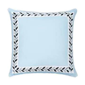 Hofdeco Premium Coastal Patio Indoor Outdoor Throw Pillow Cover Only, 20"x20" Water Repellent for Backyard, Couch, Baby Blue Embroidered Frame Leafs with Piping