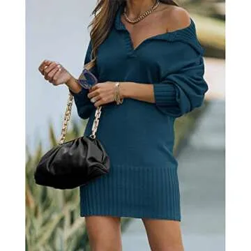 BTFBM Women Casual V Neck Knit Mini Fall Sweater Dresses Long Sleeve Loose Fit Solid Color Ribbed Pullover Jumper Sweaters(Solid Denim Blue, X-Large)