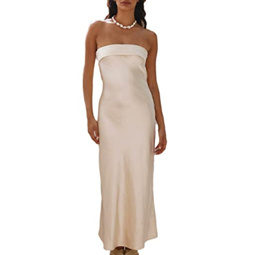 Realtix Satin Silk Backless Tube Tops Maxi Dress for Women Low Back Hollow Out Elegant Strapless Lon...