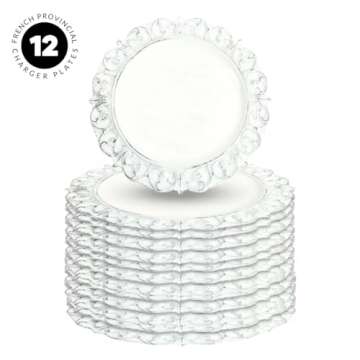 Koyal Wholesale 13” French Provincial Round Acrylic Charger Plates, Set of 12, Antique White Chargers for Dinner Plates, White Charger Plates Bulk Wedding Plastic Charger & Service Plates