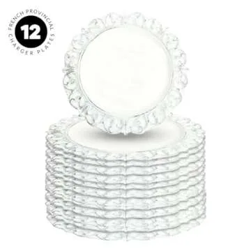 Koyal Wholesale 13” French Provincial Round Acrylic Charger Plates, Set of 12, Antique White Chargers for Dinner Plates, White Charger Plates Bulk Wedding Plastic Charger & Service Plates