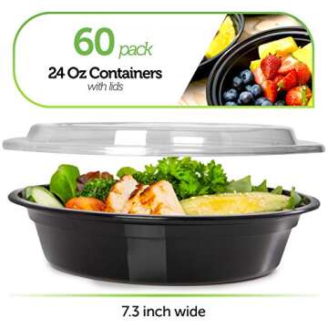 PrepNaturals Reusable Plastic Containers with Lids, 60 Pack, Black, Meal Prep Bowls, Lunch Container...