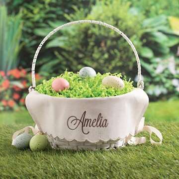 Personalized Easter Egg Basket with Handle and Custom Name in Brown Script | Scallop Edge Linen East...