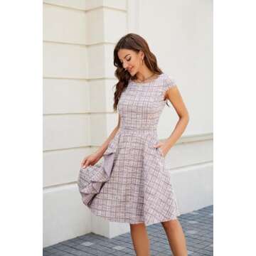 Summer Midi Dress for Women Cap Sleeve Casual Dresses Attire Pink Purple Plaid Knee Length Dress M