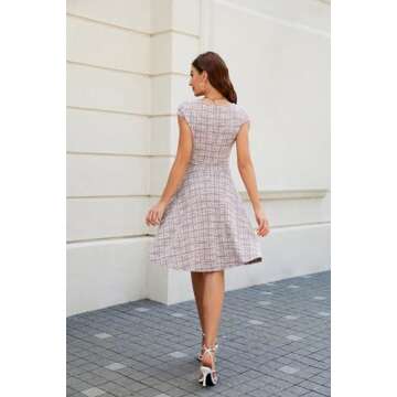 Summer Midi Dress for Women Cap Sleeve Casual Dresses Attire Pink Purple Plaid Knee Length Dress M