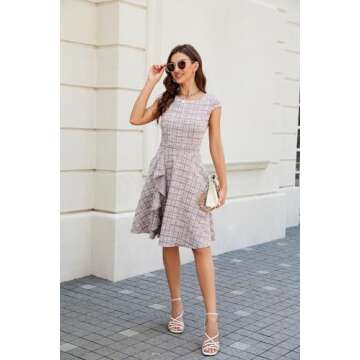 Summer Midi Dress for Women Cap Sleeve Casual Dresses Attire Pink Purple Plaid Knee Length Dress M