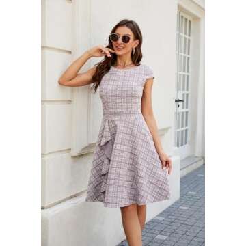 Summer Midi Dress for Women Cap Sleeve Casual Dresses Attire Pink Purple Plaid Knee Length Dress M