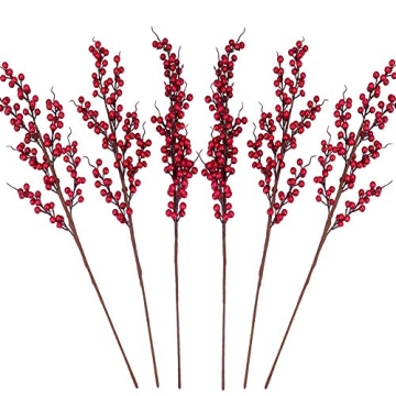 GREENTIME 6 Pack Red Artificial Long Berry Stems Fake 25.2" Christmas Picks Faux Holly Berries Branc...