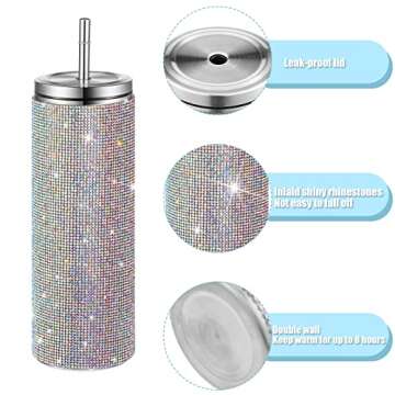 Glitter Water Bottles Diamond Bling Cup 20oz Rhinestone Stainless Steel Water Bottle Insulated Cups with Straws Christmas Water Bottle with Cup Brushes 6 Pcs Straw Brushes for Women (Colorful)