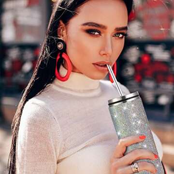 Glitter Water Bottles Diamond Bling Cup 20oz Rhinestone Stainless Steel Water Bottle Insulated Cups with Straws Christmas Water Bottle with Cup Brushes 6 Pcs Straw Brushes for Women (Colorful)
