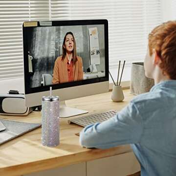 Glitter Water Bottles Diamond Bling Cup 20oz Rhinestone Stainless Steel Water Bottle Insulated Cups with Straws Christmas Water Bottle with Cup Brushes 6 Pcs Straw Brushes for Women (Colorful)