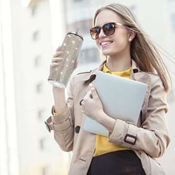 Glitter Water Bottles Diamond Bling Cup 20oz Rhinestone Stainless Steel Water Bottle Insulated Cups with Straws Christmas Water Bottle with Cup Brushes 6 Pcs Straw Brushes for Women (Colorful)