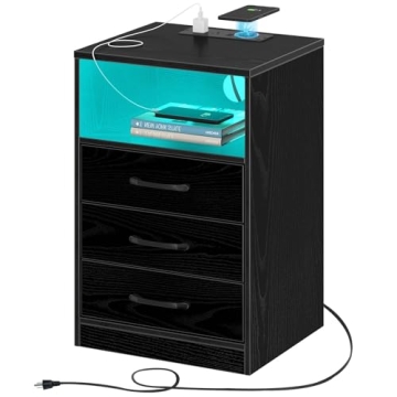 Seventable Nightstand with Wireless Charging Station and LED Lights, Modern End Side Table with 3 Dr...