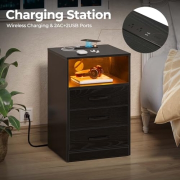 Seventable Nightstand with LED Lights and Wireless Charging Station