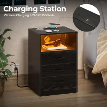 Seventable Nightstand with LED Lights and Wireless Charging Station
