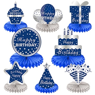 8Pcs Happy Birthday Decorations Honeycomb Centerpieces Party Supplies for Men, Blue Silver Birthday ...