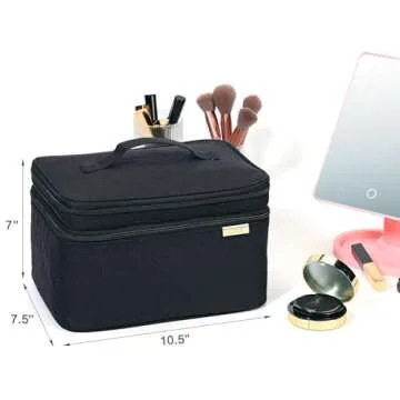 NISHEL Large Double Layer Travel Makeup Bag Women, Cosmetic Case, Organizer for Travel-Size Accessories Bottles, Brushes, Conditioner, and Skin Care Products, Black
