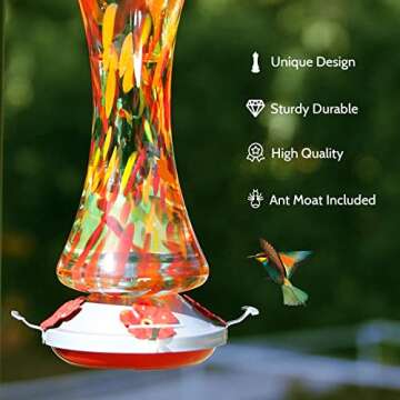 Glass Hummingbird Feeder for Outdoors: Orange Window Hanging Hummingbirds Presents for Women - Ant M...
