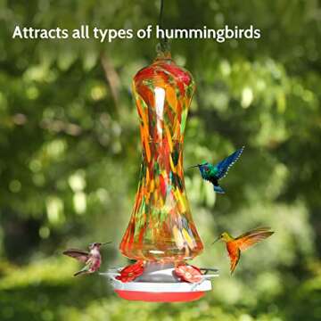 Glass Hummingbird Feeder for Outdoors: Orange Window Hanging Hummingbirds Presents for Women - Ant Moat Included, Metal Base with 4 Feeding Ports & Perch, Leak Proof, 20 fl.oz, Best Garden Decor