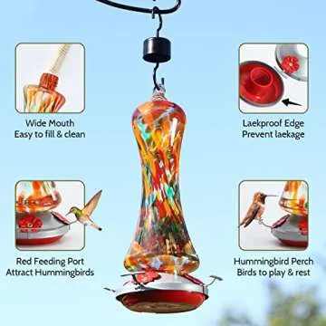 Glass Hummingbird Feeder for Outdoors: Orange Window Hanging Hummingbirds Presents for Women - Ant Moat Included, Metal Base with 4 Feeding Ports & Perch, Leak Proof, 20 fl.oz, Best Garden Decor