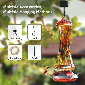 Glass Hummingbird Feeder for Outdoors: Orange Window Hanging Hummingbirds Presents for Women - Ant Moat Included, Metal Base with 4 Feeding Ports & Perch, Leak Proof, 20 fl.oz, Best Garden Decor
