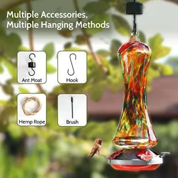 Glass Hummingbird Feeder for Outdoors: Orange Window Hanging Hummingbirds Presents for Women - Ant Moat Included, Metal Base with 4 Feeding Ports & Perch, Leak Proof, 20 fl.oz, Best Garden Decor