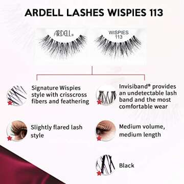 Ardell False Eyelashes Wispies 113 - Black, Natural Look Soft Band, Lightweight, Flared Strip Lashes for Glamour & Everyday Use, 4 Pairs