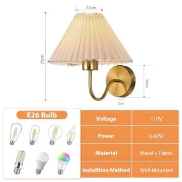 Dolymoly Gold Wall Sconces Sets of 2, Indoor Wall Light Fixtures with Fabric Lampshade, Pleated Fabric Wall Lamp Dresser Hardwired Lamp Wall Lighting Fixture for Bedroom Living Room Porch Dining Room
