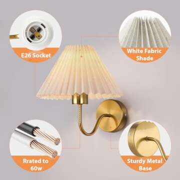 Dolymoly Gold Wall Sconces Sets of 2, Indoor Wall Light Fixtures with Fabric Lampshade, Pleated Fabric Wall Lamp Dresser Hardwired Lamp Wall Lighting Fixture for Bedroom Living Room Porch Dining Room