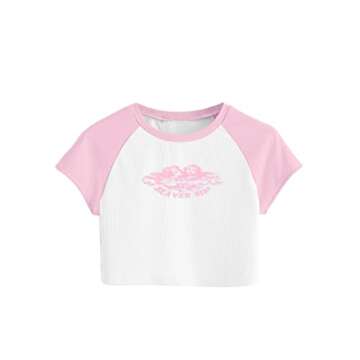 Remidoo Women's Casual Short Sleeve Angel Print Rib Knit Crop Top T-Shirt White Pink X-Small
