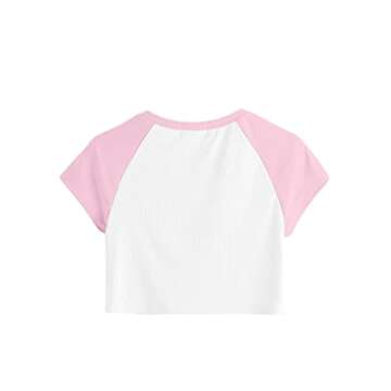 Remidoo Women's Casual Short Sleeve Angel Print Rib Knit Crop Top T-Shirt White Pink X-Small