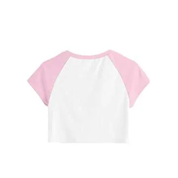 Remidoo Women's Casual Short Sleeve Angel Print Rib Knit Crop Top T-Shirt White Pink X-Small
