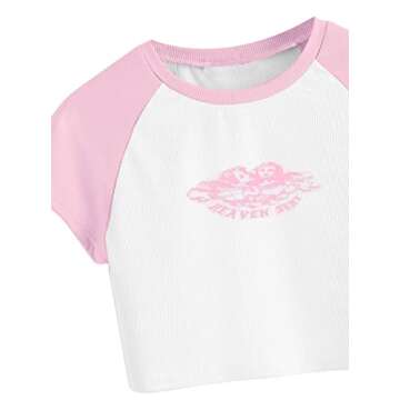 Remidoo Women's Casual Short Sleeve Angel Print Rib Knit Crop Top T-Shirt White Pink X-Small