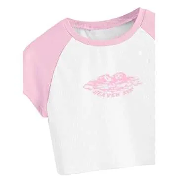 Remidoo Women's Casual Short Sleeve Angel Print Rib Knit Crop Top T-Shirt White Pink X-Small