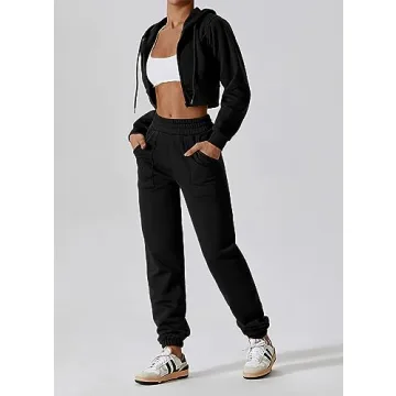 ABOCIW Women's Two Piece Outfits Sweatsuit Fleece Long Sleeve Zip Up Hoodies Cropped Sweatshirts Sweatpants Jogger Set