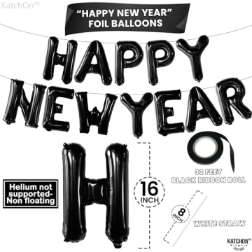 KatchOn, Black Happy New Year Balloons - 16 Inch | New Years Balloons for Happy New Years Decorations 2025 | Happy New Year 2025 Nye Balloons, NYE Decorations | New Years Eve Party Supplies 2025