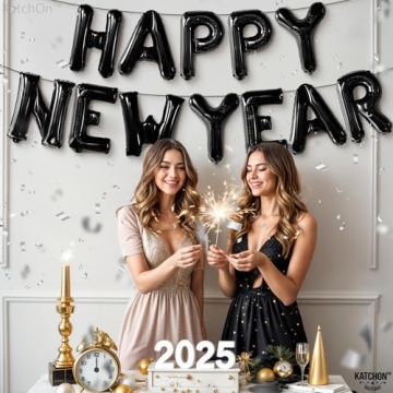 KatchOn, Black Happy New Year Balloons - 16 Inch | New Years Balloons for Happy New Years Decorations 2025 | Happy New Year 2025 Nye Balloons, NYE Decorations | New Years Eve Party Supplies 2025