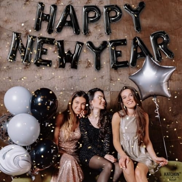 KatchOn, Black Happy New Year Balloons - 16 Inch | New Years Balloons for Happy New Years Decorations 2025 | Happy New Year 2025 Nye Balloons, NYE Decorations | New Years Eve Party Supplies 2025