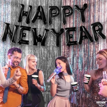 KatchOn, Black Happy New Year Balloons - 16 Inch | New Years Balloons for Happy New Years Decorations 2025 | Happy New Year 2025 Nye Balloons, NYE Decorations | New Years Eve Party Supplies 2025