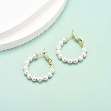 GULICX Pearl Hoop Earrings for Women, 14K Gold Plated Pearl Earrings 925 Sterling Silver Post 20mm B...