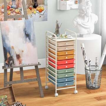 LDAILY 10 Drawer Rolling Storage Cart, Craft Organizer on Wheels, Drawer Cart with Metal Frame & Lar...