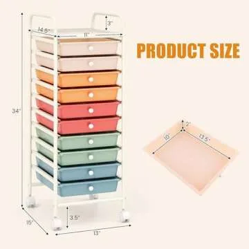 LDAILY 10 Drawer Rolling Storage Cart, Craft Organizer on Wheels, Drawer Cart with Metal Frame & Large Storage Capacity, Rolling Cart with Drawers for Living Room Classroom, Office (Macaron)