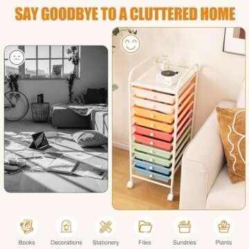 LDAILY 10 Drawer Rolling Storage Cart, Craft Organizer on Wheels, Drawer Cart with Metal Frame & Large Storage Capacity, Rolling Cart with Drawers for Living Room Classroom, Office (Macaron)